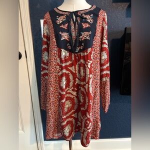 Flying Tomato Boho Embroidered Dress Large Long Sleeve Red Navy